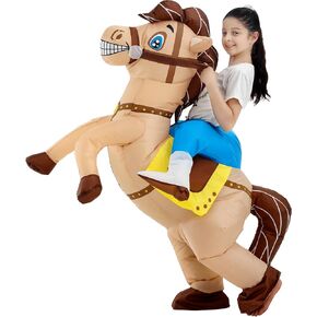 Inflatable Horse Costume for Kids Ride on Cowboy Costume Funny Animal Costume Blow up Costumes for Kids Boys Girls 8,9,10,11,12 Years Old Halloween Costumes, Brown