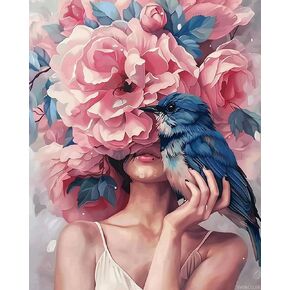 Svinoiler Blue Bird and Pink Flower Painting by Numbers Modern Abstract Drawing Fashion Fashion Figure Lady Paint by Build for البالغين هدية 16 '× 20' '