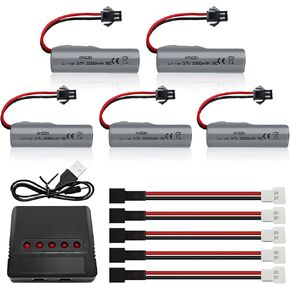 5pcs 3.7v 2000mah lipo بطارية مع شاحن 5-in-1 sm-2p قابس DE44 DE45 DE68 RC ، مركبات الانجراف RC والشاحنات والسيارات على الطرق الوعرة وسباق التسلق عالي السرعة (بطارية 5pcs+5 في 1 شاحن)