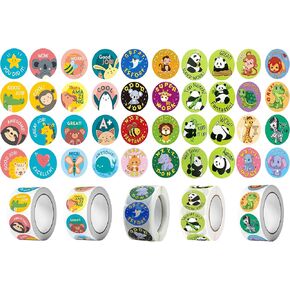 2500 PCS Reward Stickers for Teachers & Children, Motivational Animal Cartoon Stickers, 1 Inch, 5 Rolls, 40 Styles, Paper Material, Glossy Finish, Multicolor, Reusable, Indoor Use, Sticker Decal