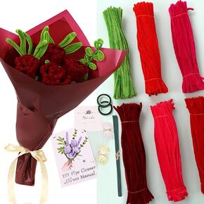 LARDUX 600Pcs Pipe Cleaners Set - Pink Pipe Cleaner Crafts DIY Flowers Chenille Stems Pipe Cleaners Bulk with Wrapping Paper, Ribbon, Tape, Floral Wire, Instruction for DIY Art (Pink)