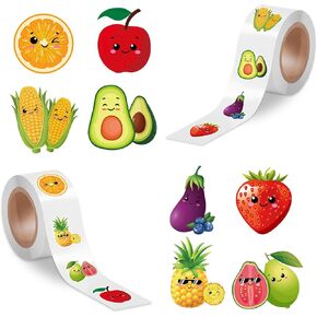 500 Pcs Cartoon Fruit Sticker Rolls, Cute Vegetable Face Designs Self-Adhesive Decals, Stickers Roll for Kids Party Favor, Teacher Reward School Classroom Party Supplies Gifts