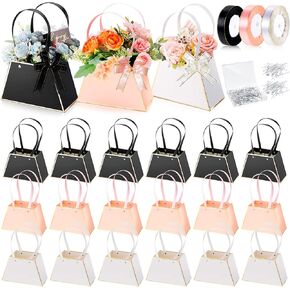 Outus 30 pcs الأكياس الهدايا الزهرة الأكياس الورقية أكياس باقة باقة شبه منحرف مع مقابض للترتيبات مربعات زهرة مقاومة للماء مع 3 شرائط ، 100 دبابيس لعيد حفل زفاف عيد الأم لوازم الباتي