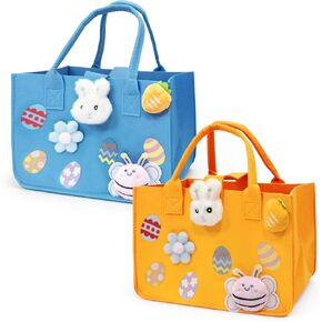 2PCS Easter Egg Hunt Bags Happy Easter Bunny Gift Bags with Handles, Easter Treat Bags, Felt Easter Bags for Gifts Wrapping, Egg Hunt Game, Easter Party Supplies, 12" x7.8" x6.8"(Blue + Orange)