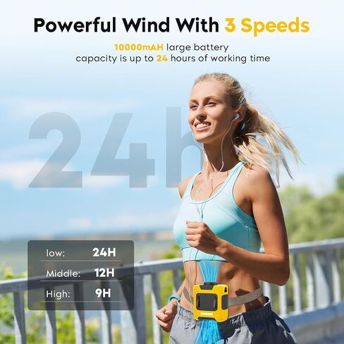 2025 Upgrade Portable Fan 10000mAh Rechargeable Portable Waist Clip Fan 15500RPM Neck Fan With Max 12H Working Time, 3-speed adjustment with LED flashlight Portable Fan for Outdoor Jobsite and etc in Kuwait