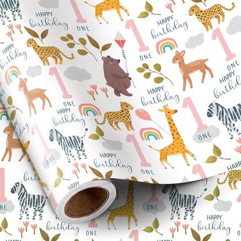 RUSPEPA 1st Birthday Wrapping Paper for Kids, Mini Roll, Jungle Animals and Number 1 Pattern Gift Wrap Paper for Boys Girls, Birthday Party, Baby Shower, 17 Inches x 16.4 Feet, 1 Year Old in Saudi Arabia