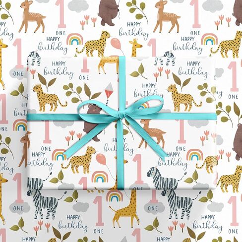 RUSPEPA 1st Birthday Wrapping Paper for Kids, Mini Roll, Jungle Animals and Number 1 Pattern Gift Wrap Paper for Boys Girls, Birthday Party, Baby Shower, 17 Inches x 16.4 Feet, 1 Year Old in Saudi Arabia