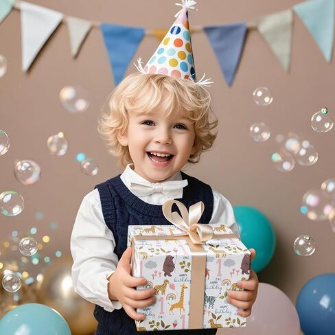RUSPEPA 1st Birthday Wrapping Paper for Kids, Mini Roll, Jungle Animals and Number 1 Pattern Gift Wrap Paper for Boys Girls, Birthday Party, Baby Shower, 17 Inches x 16.4 Feet, 1 Year Old in Saudi Arabia