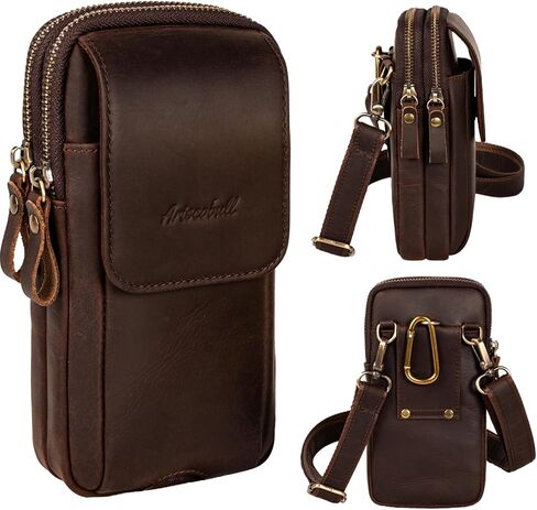 Leather Vertical Men Cell Phone Holster, Leather Cell Phone Holster, Vertical Belt Clip Cellphone Pouch, Dual Pocket Universal Smartphone Pouch Bag (Dark Coffee) in Saudi Arabia