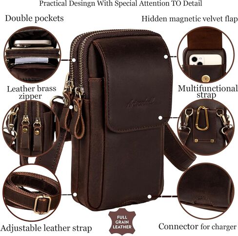 Leather Vertical Men Cell Phone Holster, Leather Cell Phone Holster, Vertical Belt Clip Cellphone Pouch, Dual Pocket Universal Smartphone Pouch Bag (Dark Coffee) in Saudi Arabia
