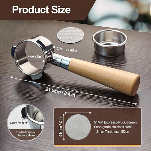 54 mm Bottomless Portafilter with Puck Screen, 3 Ears Espresso Portafilter Compatible with Breville Barista Express Machines,Stainless Steel Portafilter and Rosewood Handle in Kuwait
