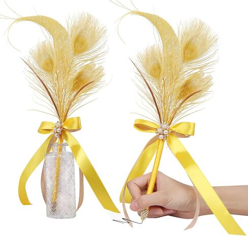 CROWN GUIDE Peacock Feather Quill Pen for Wedding Guest Book Cute Fancy Ballpoint Pens for Journaling Women Reception Signing Bridal Shower Nikkah Pen for 1920s Gatsby Accessories Party Decoration in Kuwait