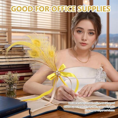 CROWN GUIDE Peacock Feather Quill Pen for Wedding Guest Book Cute Fancy Ballpoint Pens for Journaling Women Reception Signing Bridal Shower Nikkah Pen for 1920s Gatsby Accessories Party Decoration in Kuwait