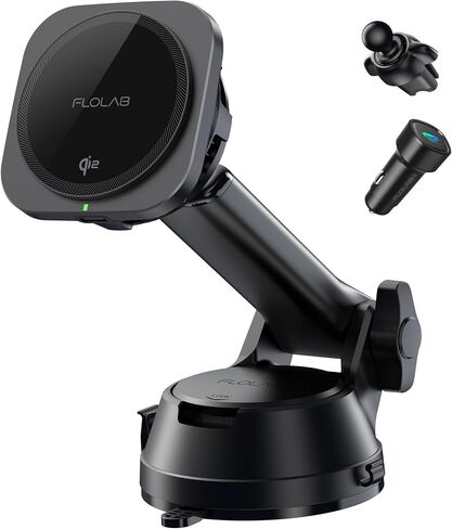 FLOLAB Qi2 15W Wireless Car Charger for iPhone 16/15/14/13/12 Qi2 Car Charger, Magnetic Vent/Foldable Dashboard/Windshell Mount Car Phone Holder, Fast Charging with Cooling in Kuwait