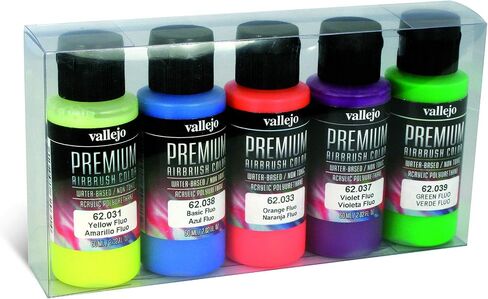 Vallejo - Premium Color Set Fluorescent Colors | Water-Based Multi-Surface Pigments | High-Visibility UV Reactive Colors | Acrylic Professional Airbrushing Kit | 5 Bottles x 60 ml. (2.02 fl.oz.) in Saudi Arabia