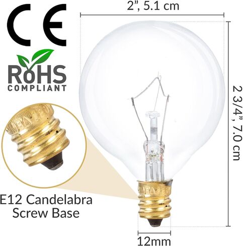 Simba Lighting Small Globe G16.5 Round Bulb 25W E12 Candelabra Base (10 Pack) for Chandelier, Ceiling Fan, Decorative Vanity Lights, Sconce, Aromatic Wax Warmer, Frosted Glass 120V, 2700K Warm White in Saudi Arabia