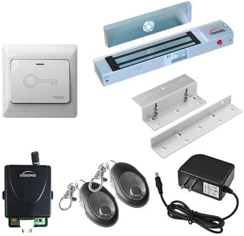 Visionis VIS-7463 One Door Access Control Outswinging Door 600lbs Electromagnetic Lock Kit with Wireless Receiver and Remote Magnetic Lock System with VIS-7030 White Push to Exit Button in Kuwait