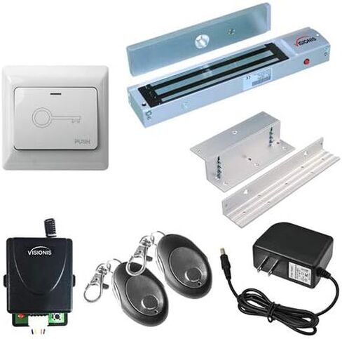 Visionis VIS-7463 One Door Access Control Outswinging Door 600lbs Electromagnetic Lock Kit with Wireless Receiver and Remote Magnetic Lock System with VIS-7030 White Push to Exit Button in Kuwait