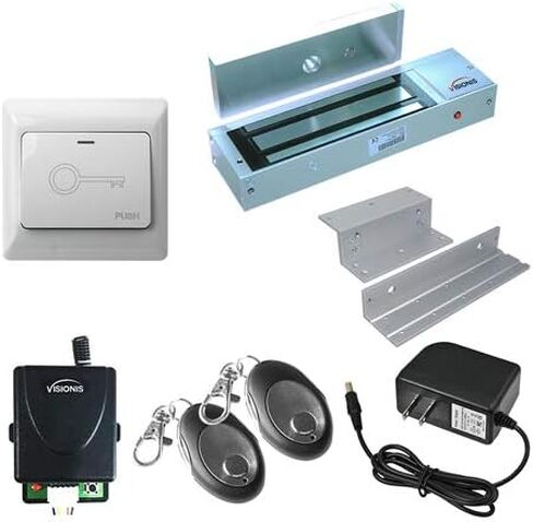 Visionis VIS-7463 One Door Access Control Outswinging Door 600lbs Electromagnetic Lock Kit with Wireless Receiver and Remote Magnetic Lock System with VIS-7030 White Push to Exit Button in Kuwait
