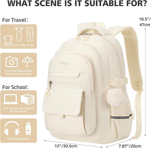 Cute Teen Girls Backpack, Big Student School Backpack Laptop Bookbag for College Women Aesthetic Middle High School Bag, Mochilas Escolares, Beige in Kuwait
