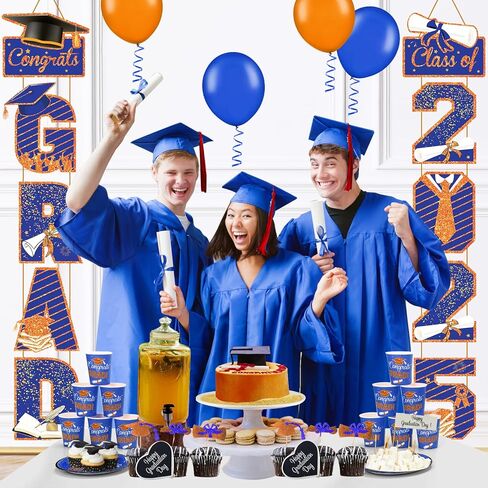 Graduation Door Banner Decorations Blue Orange Class of 2025 Congrats Grad Party Porch Sign Banners with LED Grad 2025 Door Banner Congratulation Party Hanging Sign for School Graduation Party Decor in Saudi Arabia