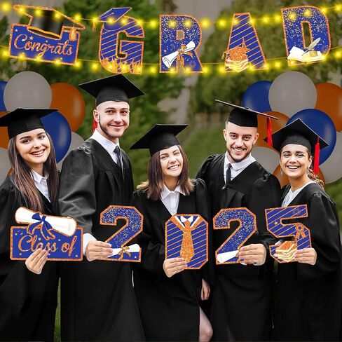 Graduation Door Banner Decorations Blue Orange Class of 2025 Congrats Grad Party Porch Sign Banners with LED Grad 2025 Door Banner Congratulation Party Hanging Sign for School Graduation Party Decor in Saudi Arabia