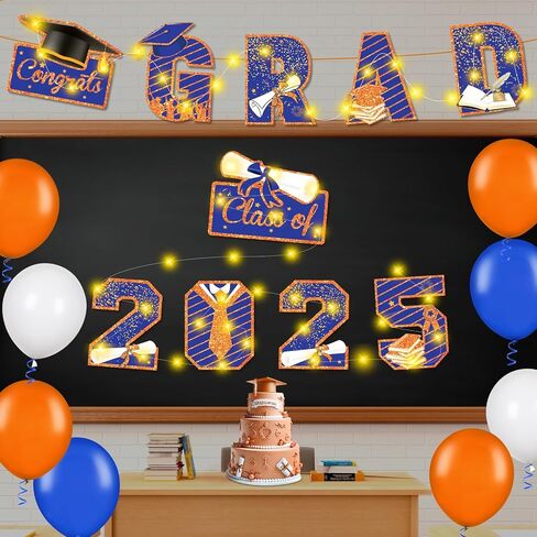 Graduation Door Banner Decorations Blue Orange Class of 2025 Congrats Grad Party Porch Sign Banners with LED Grad 2025 Door Banner Congratulation Party Hanging Sign for School Graduation Party Decor in Saudi Arabia