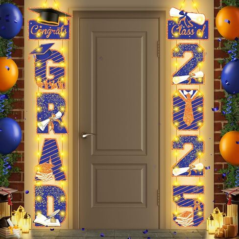 Graduation Door Banner Decorations Blue Orange Class of 2025 Congrats Grad Party Porch Sign Banners with LED Grad 2025 Door Banner Congratulation Party Hanging Sign for School Graduation Party Decor in Saudi Arabia