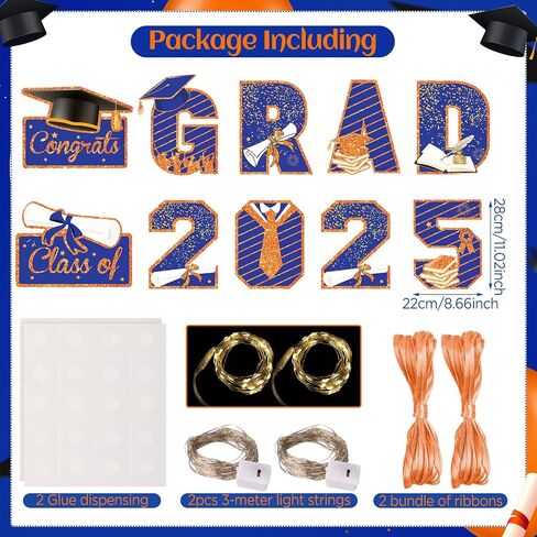 Graduation Door Banner Decorations Blue Orange Class of 2025 Congrats Grad Party Porch Sign Banners with LED Grad 2025 Door Banner Congratulation Party Hanging Sign for School Graduation Party Decor in Saudi Arabia