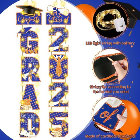 Graduation Door Banner Decorations Blue Orange Class of 2025 Congrats Grad Party Porch Sign Banners with LED Grad 2025 Door Banner Congratulation Party Hanging Sign for School Graduation Party Decor in Saudi Arabia