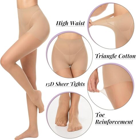 2 Pairs Black Sheer Tights for Women 15D Not Rip Control Top Pantyhose High Waist With Reinforced Toes in Kuwait