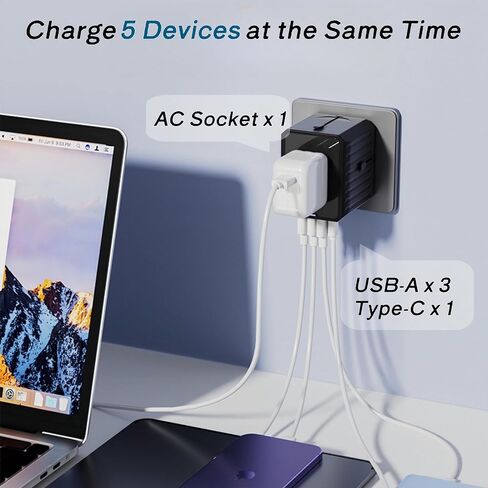 Universal Travel Adapter, Power Adapter Travel Charger w/QC 3.0 USB Port and PD 30W Fast Charger, International Plug Adapter, Outlet Converter Worldwide US to Europe EU AU UK US in Saudi Arabia