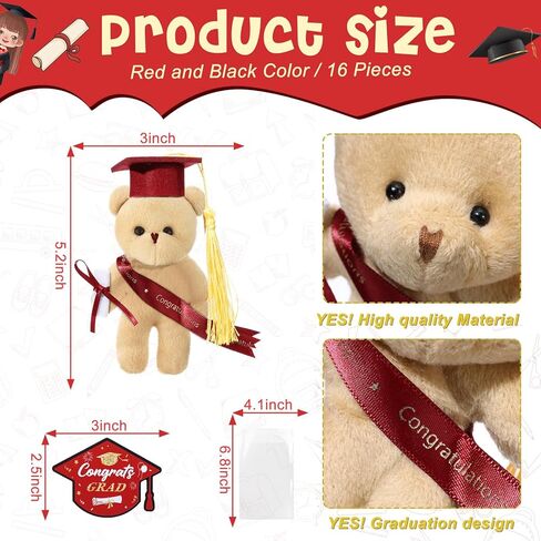 16 Sets Mini Graduation Bear Plush with Gift Bag Graduation Card Set Hangable Graduation Bear Stuffed Animals Congrats Grad Bears for DIY Graduation Gift Graduation Party Favors(Black) in Saudi Arabia