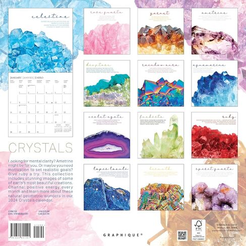 Graphique 2024 Crystals Wall Calendar | 12" x 12" | Thick Paper | Home & Office Organizer | Large Monthly Grid | 3 Languages & Marked Holidays | 4 Month Preview Page for 2025 in Saudi Arabia
