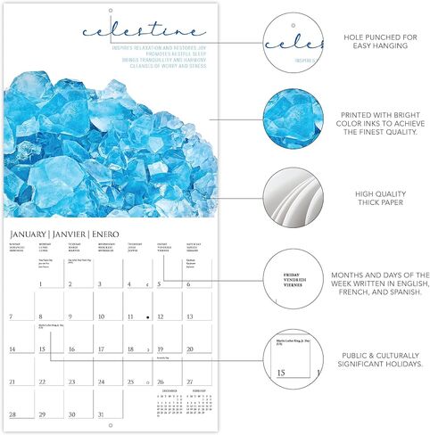 Graphique 2024 Crystals Wall Calendar | 12" x 12" | Thick Paper | Home & Office Organizer | Large Monthly Grid | 3 Languages & Marked Holidays | 4 Month Preview Page for 2025 in Saudi Arabia