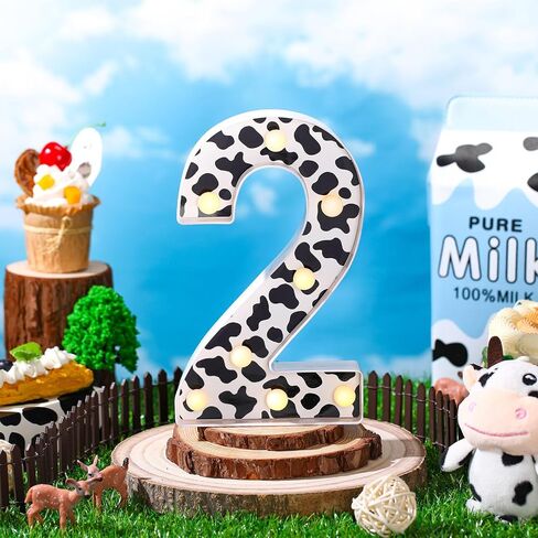 VIHOSE Light Cow Print Numbers Birthday Table Centerpieces Decorations Farm Decorative Light up Number Sign for Cowgirl Animal Cow Themed Party Farm Barn Supplies Decor(Number 2) in Saudi Arabia