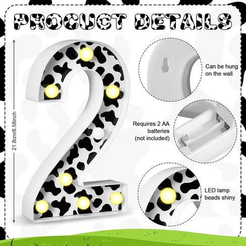 VIHOSE Light Cow Print Numbers Birthday Table Centerpieces Decorations Farm Decorative Light up Number Sign for Cowgirl Animal Cow Themed Party Farm Barn Supplies Decor(Number 2) in Saudi Arabia