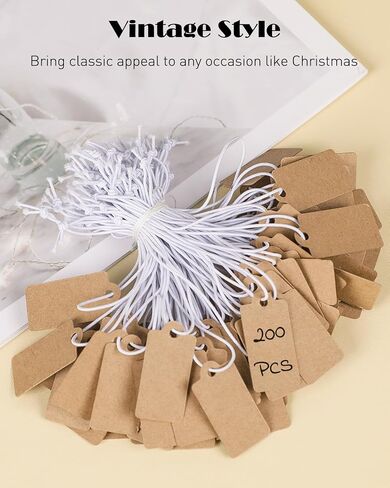Uniclife 200 Pcs Kraft Price Tags with Elastic String Attached Writable Brown Kraft Paper Tags Hang Tag for Pricing Clothing Jewelry Price Display Labels Blank Merchandise Marking Tag, 1.38" x 0.69" in Saudi Arabia