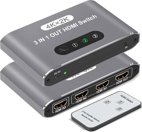 HDMI Switch 3 in 1 Out, 4K@30Hz HDMI Splitter with Remote Control, 3 Ports HDMI Switcher, Perfect for Full HD 4K 1080P 3D Video Roku Fire TV Blu-ray Players Stick Apple PS4/PS5 Xbox Chromecast (Gold) in Kuwait