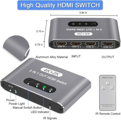 HDMI Switch 3 in 1 Out, 4K@30Hz HDMI Splitter with Remote Control, 3 Ports HDMI Switcher, Perfect for Full HD 4K 1080P 3D Video Roku Fire TV Blu-ray Players Stick Apple PS4/PS5 Xbox Chromecast (Gold) in Kuwait