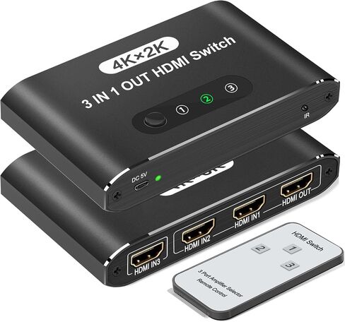 HDMI Switch 3 in 1 Out, 4K@30Hz HDMI Splitter with Remote Control, 3 Ports HDMI Switcher, Perfect for Full HD 4K 1080P 3D Video Roku Fire TV Blu-ray Players Stick Apple PS4/PS5 Xbox Chromecast (Gold) in Kuwait
