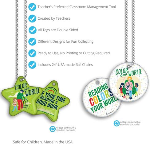 2025 Collaborative Summer Library Program (CSLP) Color Our World Reading Brag Tags Value Pack: 100 Tags (10 per Design) + 25 Hypoallergenic, USA-Made 24" Aluminum Safety Chains in Kuwait