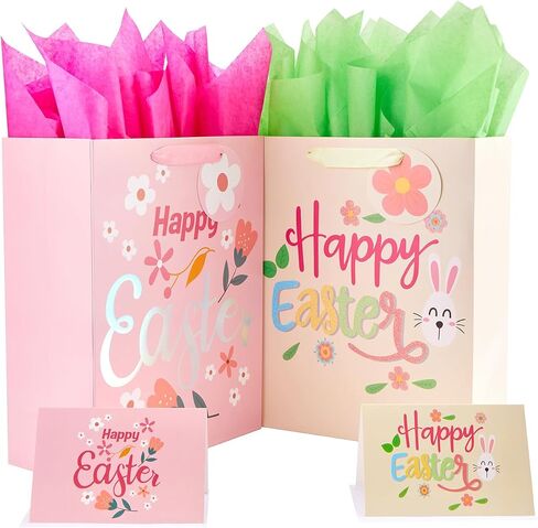 Bobobag 2 Pack 13" Large Easter Gift Bag with Tissue Paper and Handles and Greeting Card,Easter Egg Hunt Bags for Gift Wrapping,Easter Parties in Saudi Arabia