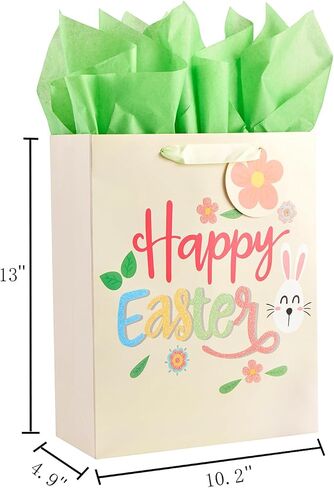 Bobobag 2 Pack 13" Large Easter Gift Bag with Tissue Paper and Handles and Greeting Card,Easter Egg Hunt Bags for Gift Wrapping,Easter Parties in Saudi Arabia