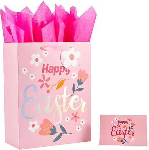Bobobag 2 Pack 13" Large Easter Gift Bag with Tissue Paper and Handles and Greeting Card,Easter Egg Hunt Bags for Gift Wrapping,Easter Parties in Saudi Arabia