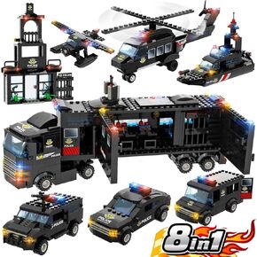 Wishalife 8 in 1 City Mobile Command Center مع محطة ومركبات وطائرة هليكوبتر وقوارب - هدايا الشرطة الممتعة للأطفال الذين تتراوح أعمارهم بين 6 سنوات