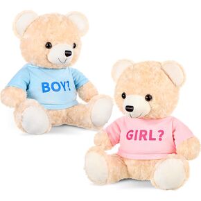 2 Pack Boy or Girl Bears 14 Inch Blue and Pink Plush T-Shirt Bears Toy for Gender Reveal Baby Shower Decoration