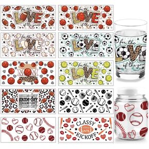 arricraft 10 Sheets UV DTF Cup Wrap Transfer Stickers for Glass, 10 Styles Sports Themes Basketball Football Baseball Rugby Rub on Transfers Decal for 16OZ Glass Cups Furniture Craft Wood DIY Crafts