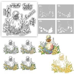 Perfume Bottle and Roses Flowers Floral Vintage Clear Stamps Metal Cutting Dies Stencils and Hot Foil Plate Set with Envelope Box for Card Making DIY Albums Crafts Scrapbooking Supplies (YX1322)