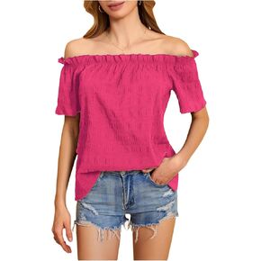 MakeMeChic Women's Off Shoulder Short Sleeve Summer Shirt Solid Frill Trim Textured Blouse Tops in Kuwait